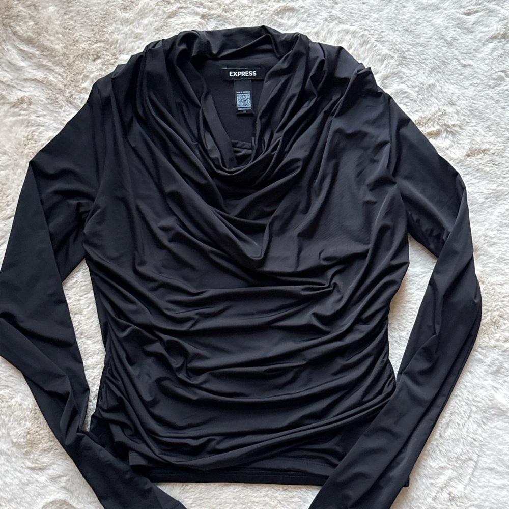 Express Elegant Black Draped Long Sleeve Top